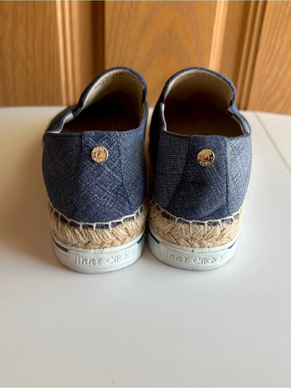 Jimmy Choo Denim Whipstitch Espadrille Flats Vacation Resort  Blue Gray EU 37.5